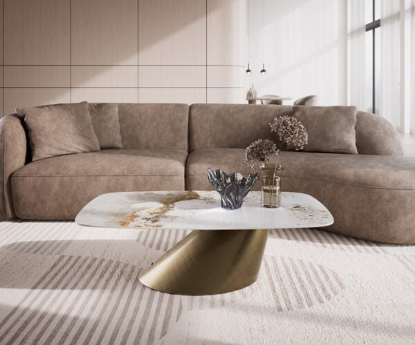 Konferenčný stolík Edge zaoblený tvar 120x70 cm keramika Minas Melange Conis metalická zlatá - Image 2