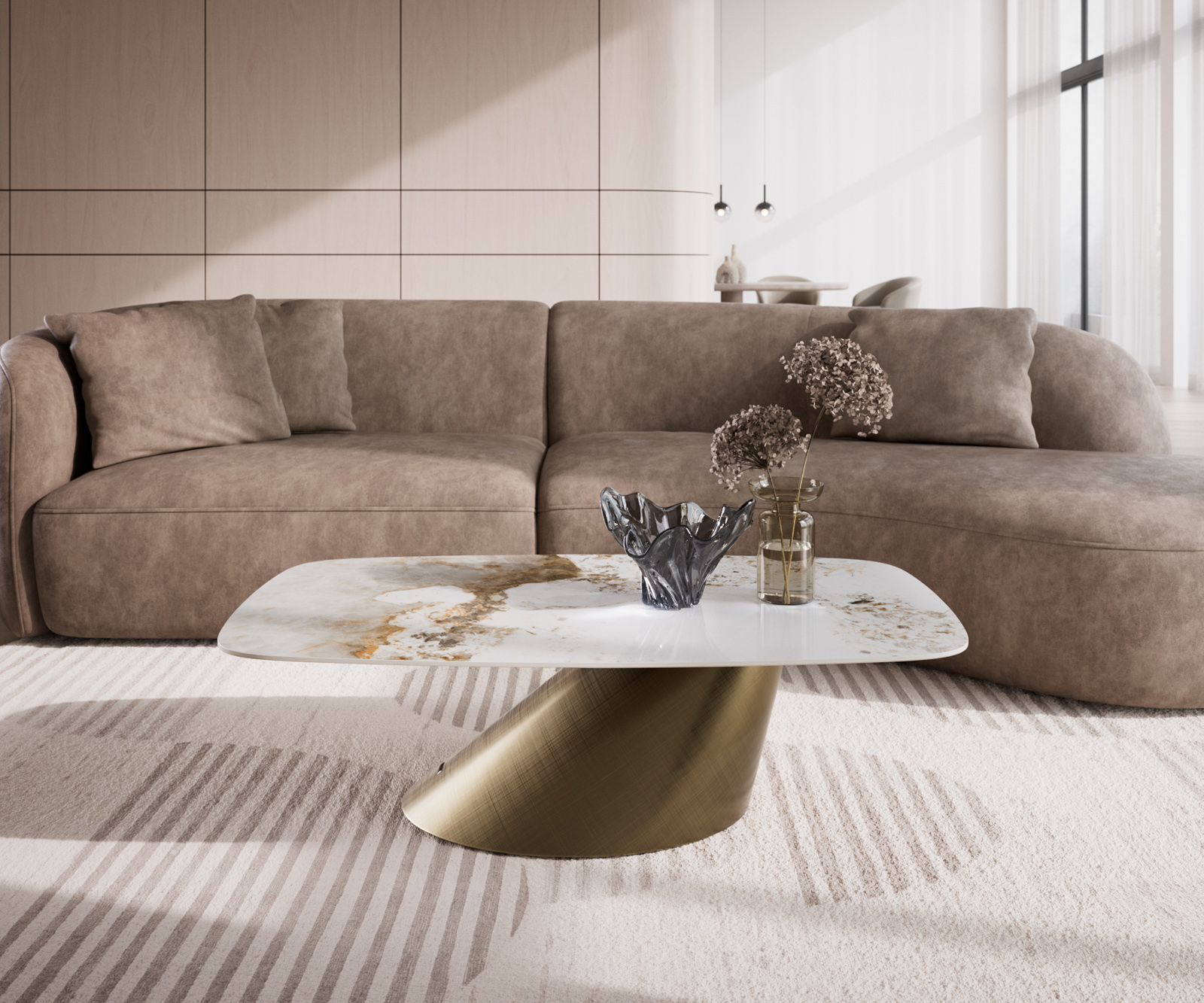 Konferenčný stolík Edge zaoblený tvar 120x70 cm keramika Minas Melange Conis metalická zlatá - Image 2