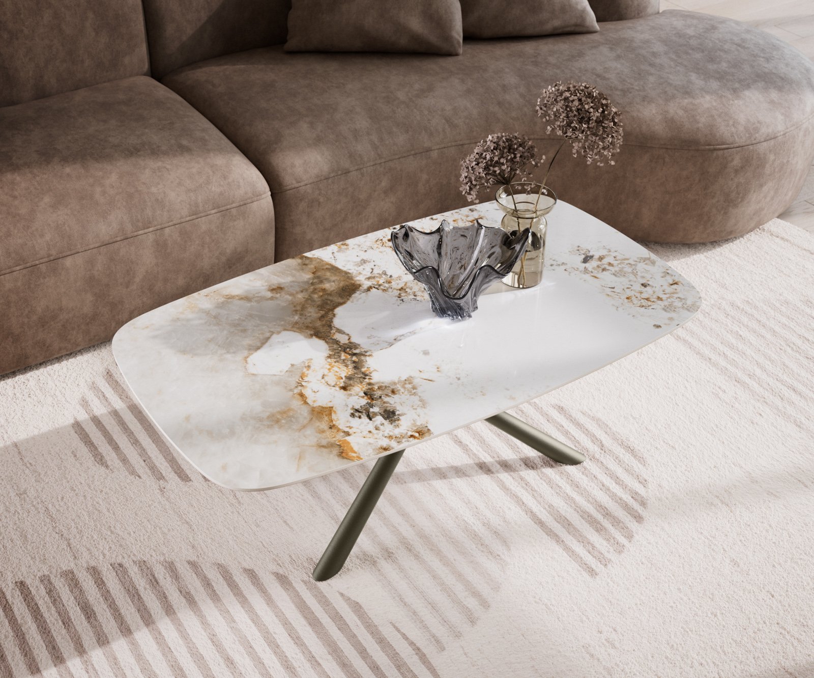 Konferenčný stolík Edge zaoblený tvar 120x70 cm keramika Minas Melange Sarity kov efektový povrch titánová farba - Image 4