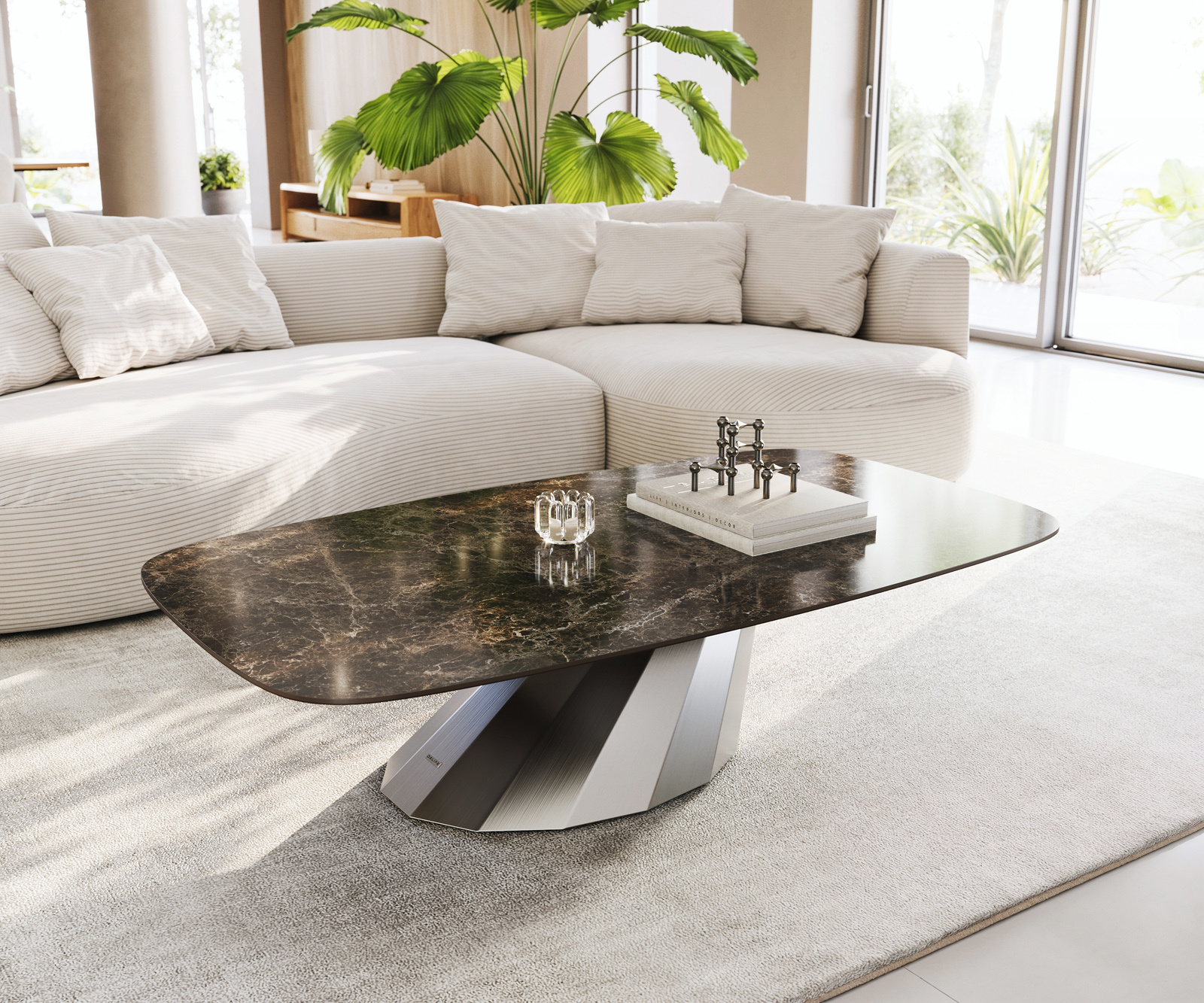 Konferenčný stolík Edge zaoblený tvar 140x80 cm keramika Laminam® Emperador Extra Lucidato tmavohnedá Parabi nerezová oceľ kefovaná