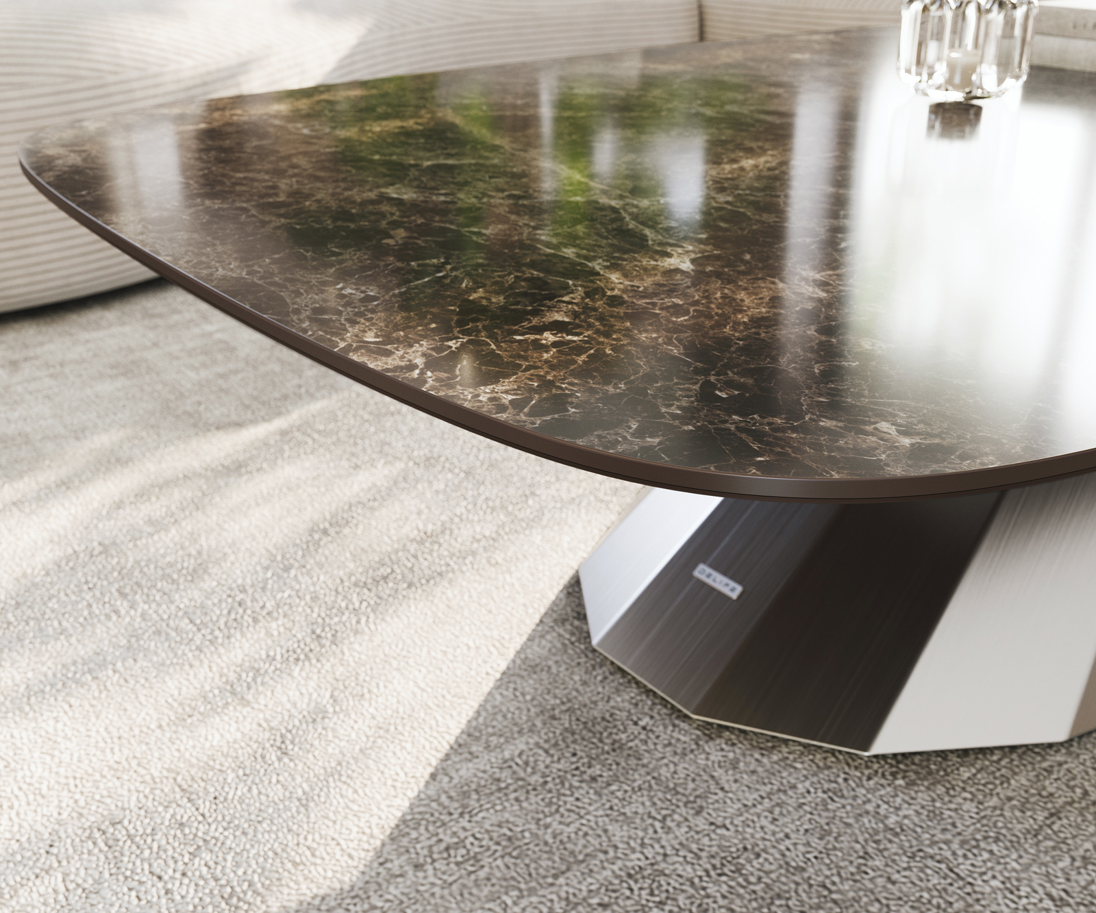 Konferenčný stolík Edge zaoblený tvar 140x80 cm keramika Laminam® Emperador Extra Lucidato tmavohnedá Parabi nerezová oceľ kefovaná - Image 6