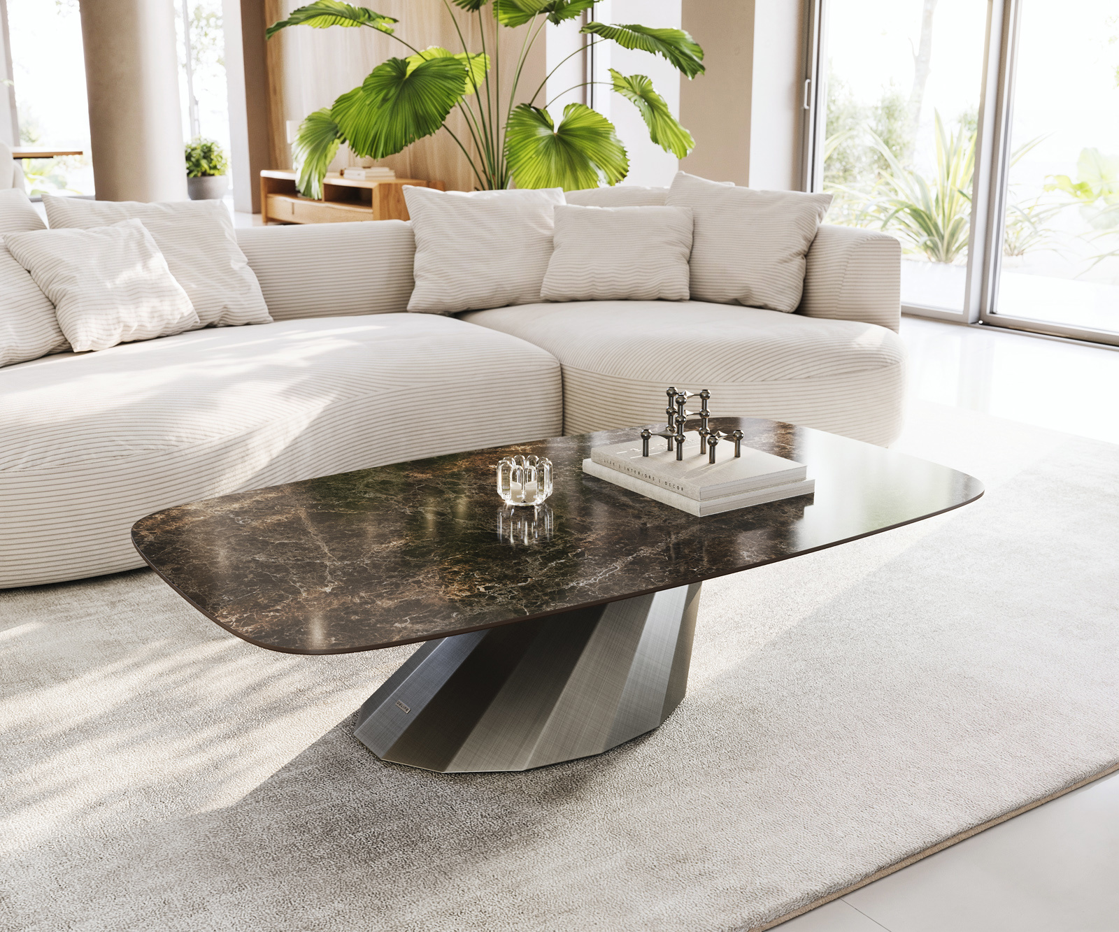 Konferenčný stolík Edge zaoblený 140x80 cm keramika Laminam® Emperador Extra Lucidato tmavohnedá Parabi metalická strieborná