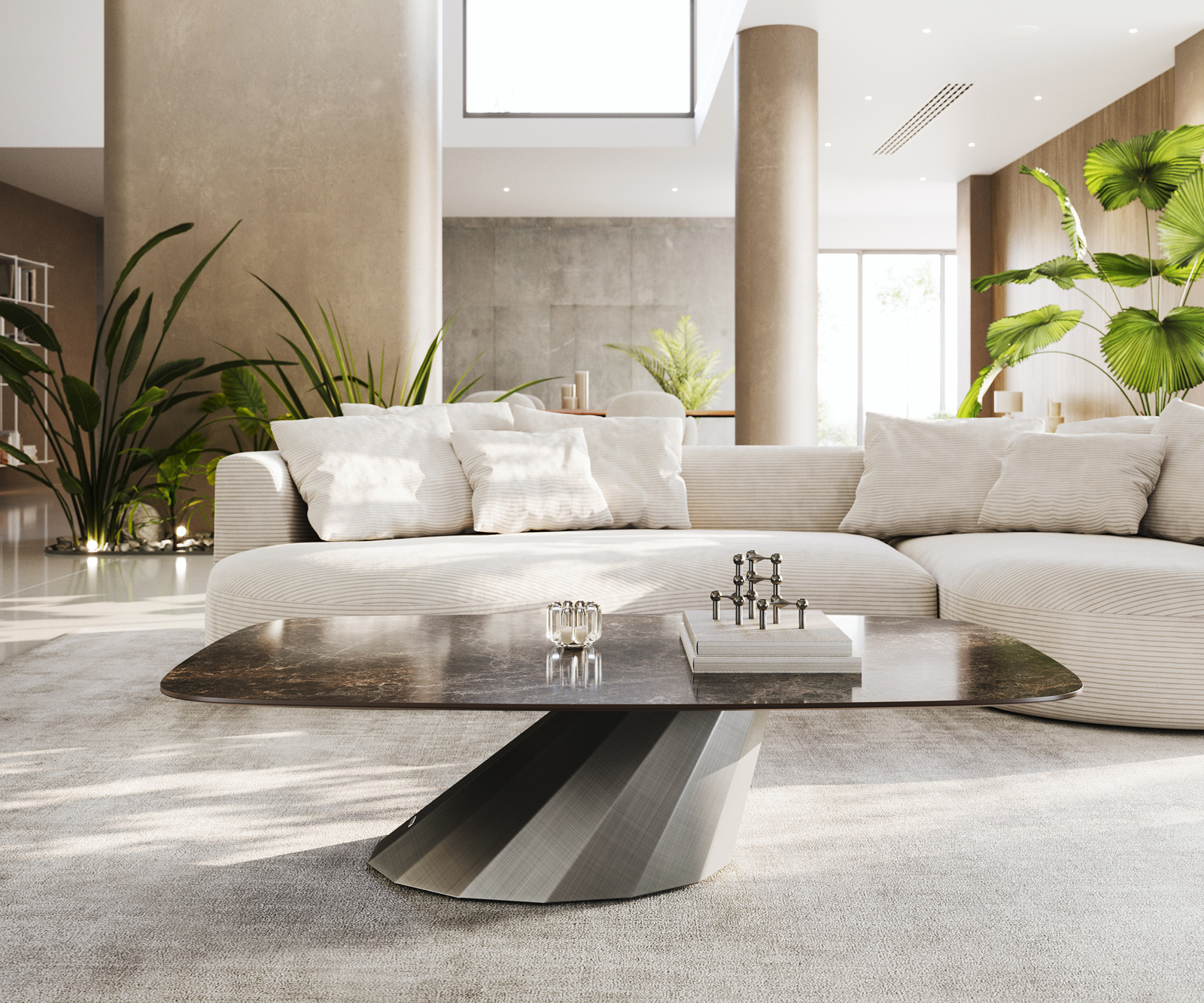 Konferenčný stolík Edge zaoblený 140x80 cm keramika Laminam® Emperador Extra Lucidato tmavohnedá Parabi metalická strieborná - Image 2