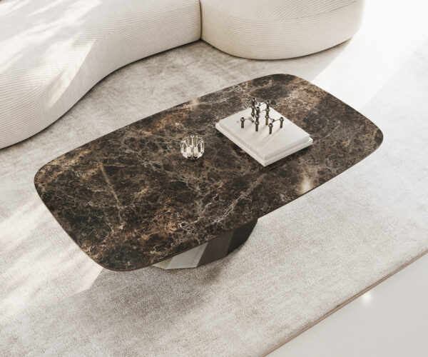 Konferenčný stolík Edge zaoblený 140x80 cm keramika Laminam® Emperador Extra Lucidato tmavohnedá Parabi metalická strieborná - Image 4