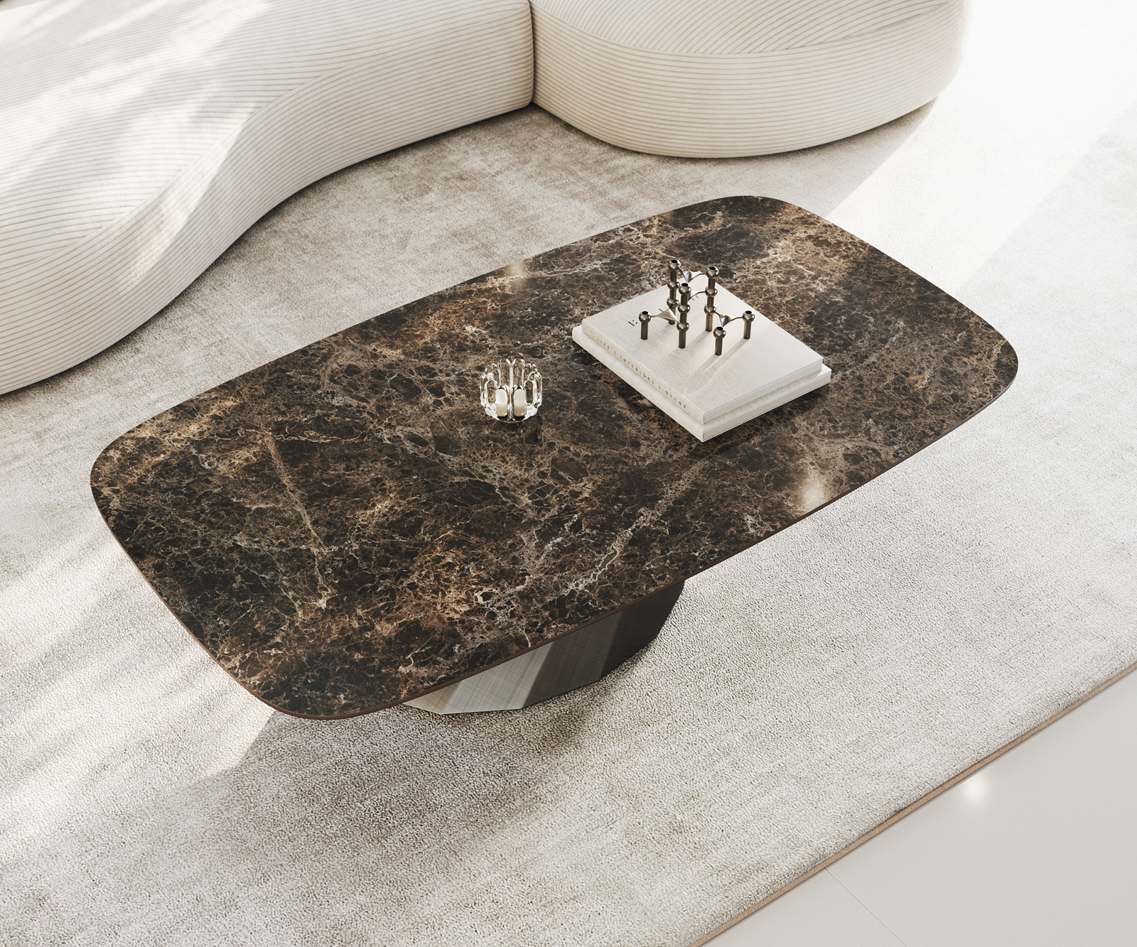 Konferenčný stolík Edge zaoblený 140x80 cm keramika Laminam® Emperador Extra Lucidato tmavohnedá Parabi metalická strieborná - Image 4