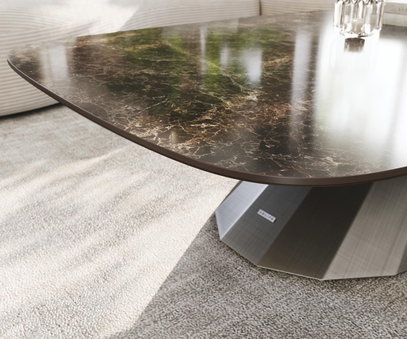 Konferenčný stolík Edge zaoblený 140x80 cm keramika Laminam® Emperador Extra Lucidato tmavohnedá Parabi metalická strieborná - Image 6