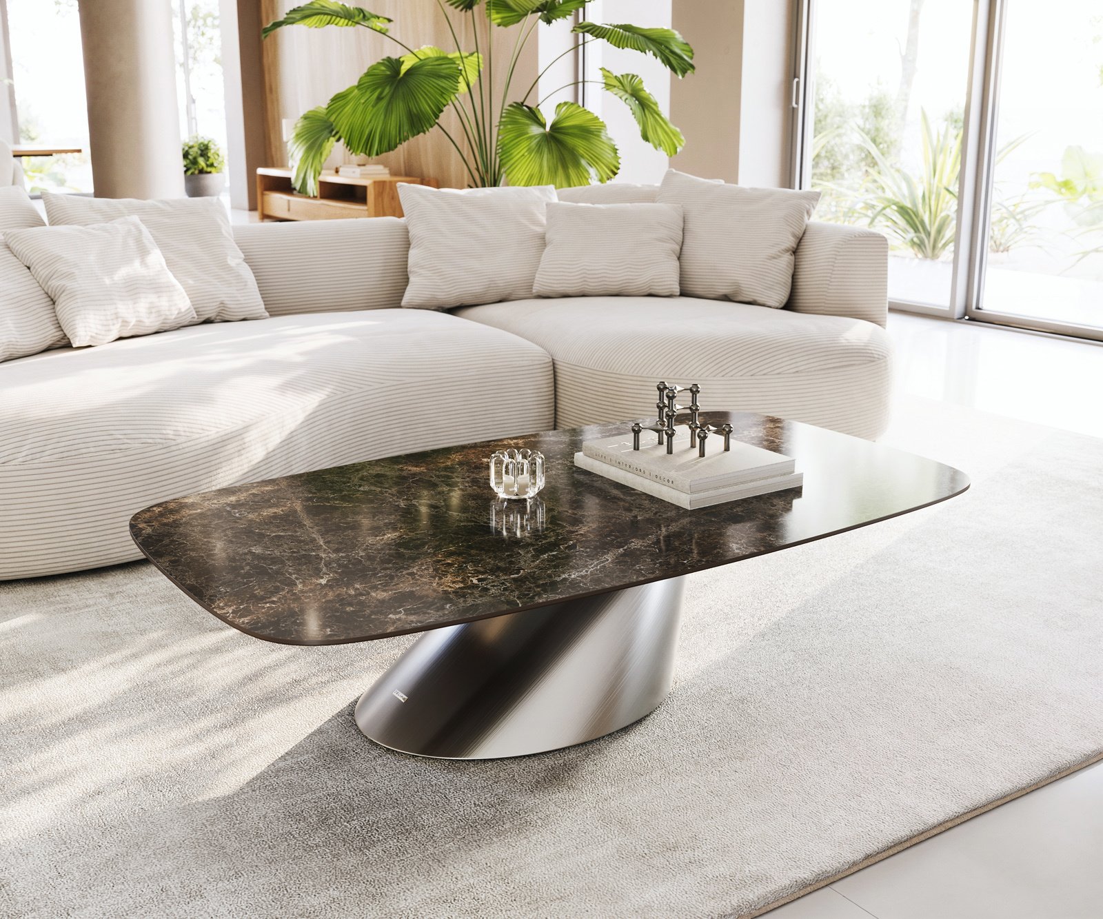 Konferenčný stolík Edge oválny 140x80 cm keramika Laminam® Emperador Extra Lucidato tmavohnedá kužeľová nerezová oceľ kefovaná