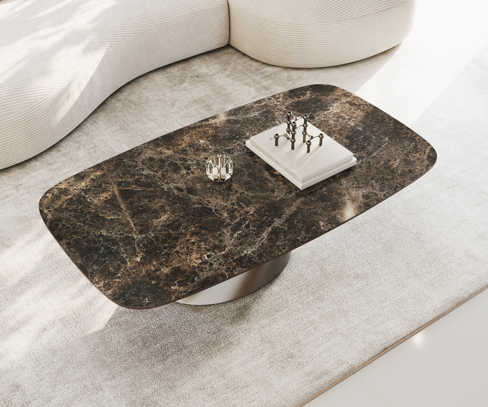 Konferenčný stolík Edge oválny 140x80 cm keramika Laminam® Emperador Extra Lucidato tmavohnedá kužeľová nerezová oceľ kefovaná - Image 4