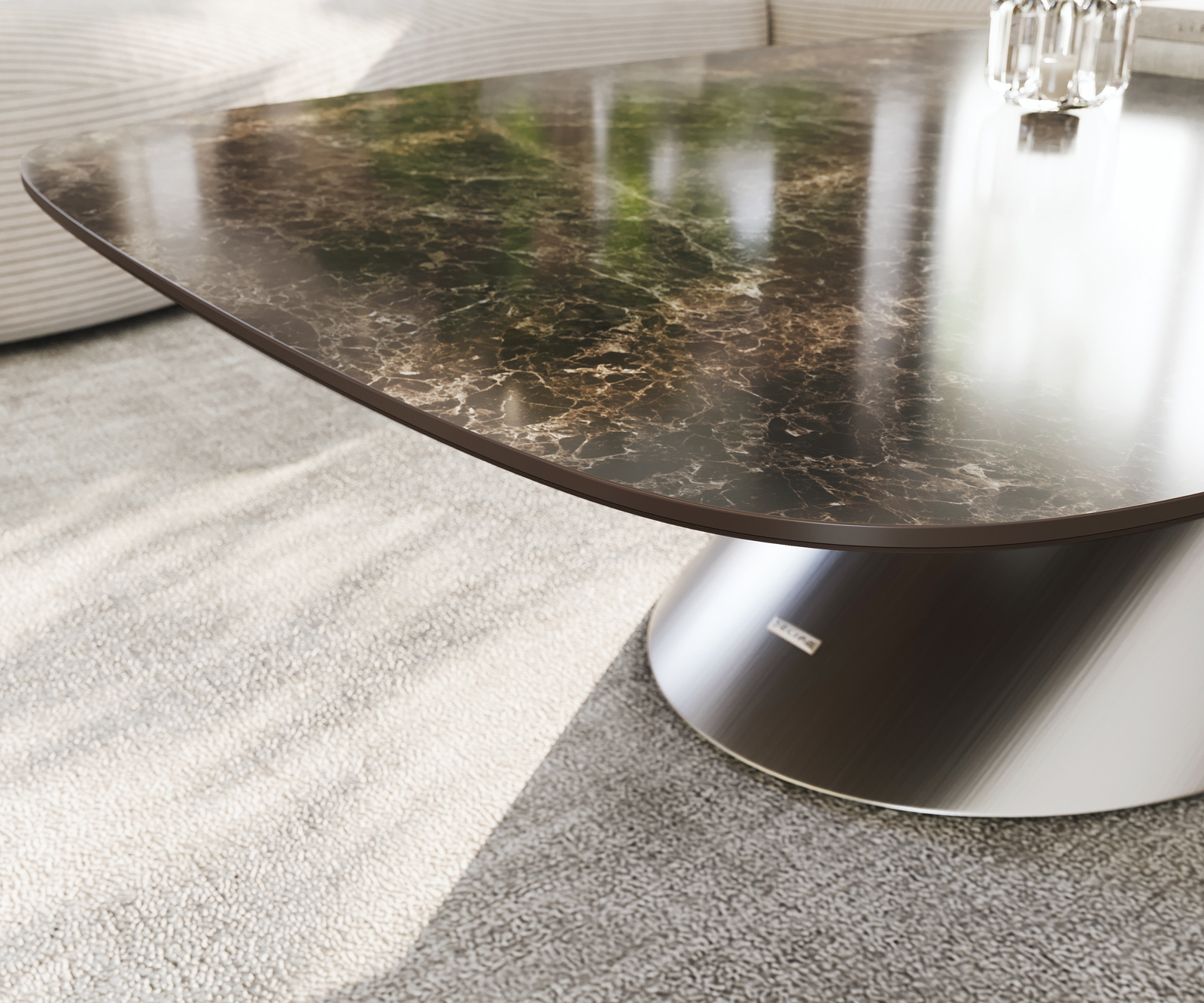 Konferenčný stolík Edge oválny 140x80 cm keramika Laminam® Emperador Extra Lucidato tmavohnedá kužeľová nerezová oceľ kefovaná - Image 6