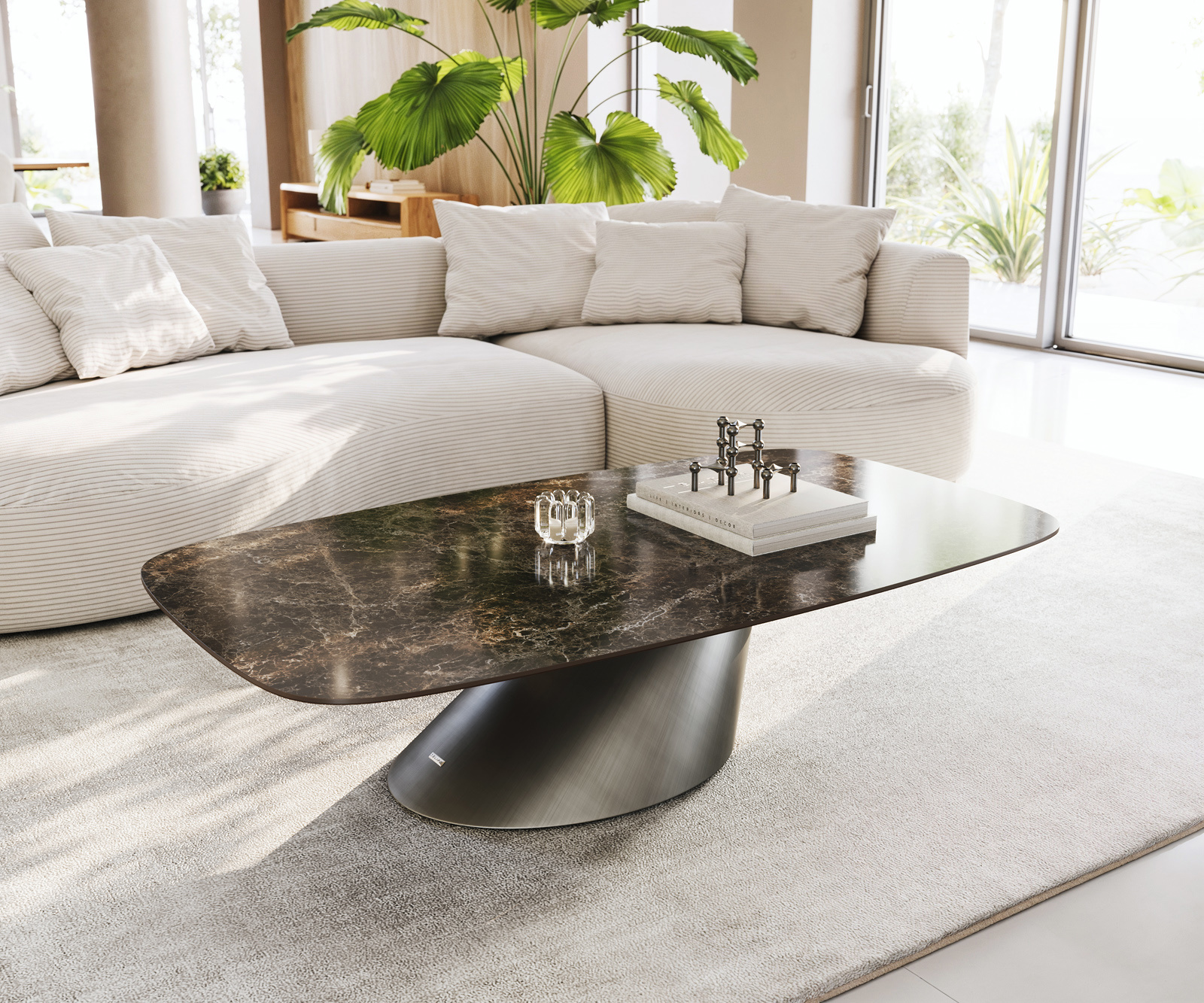 Konferenčný stolík Edge zaoblený 140x80 cm keramika Laminam® Emperador Extra Lucidato tmavohnedá Conis metalická strieborná