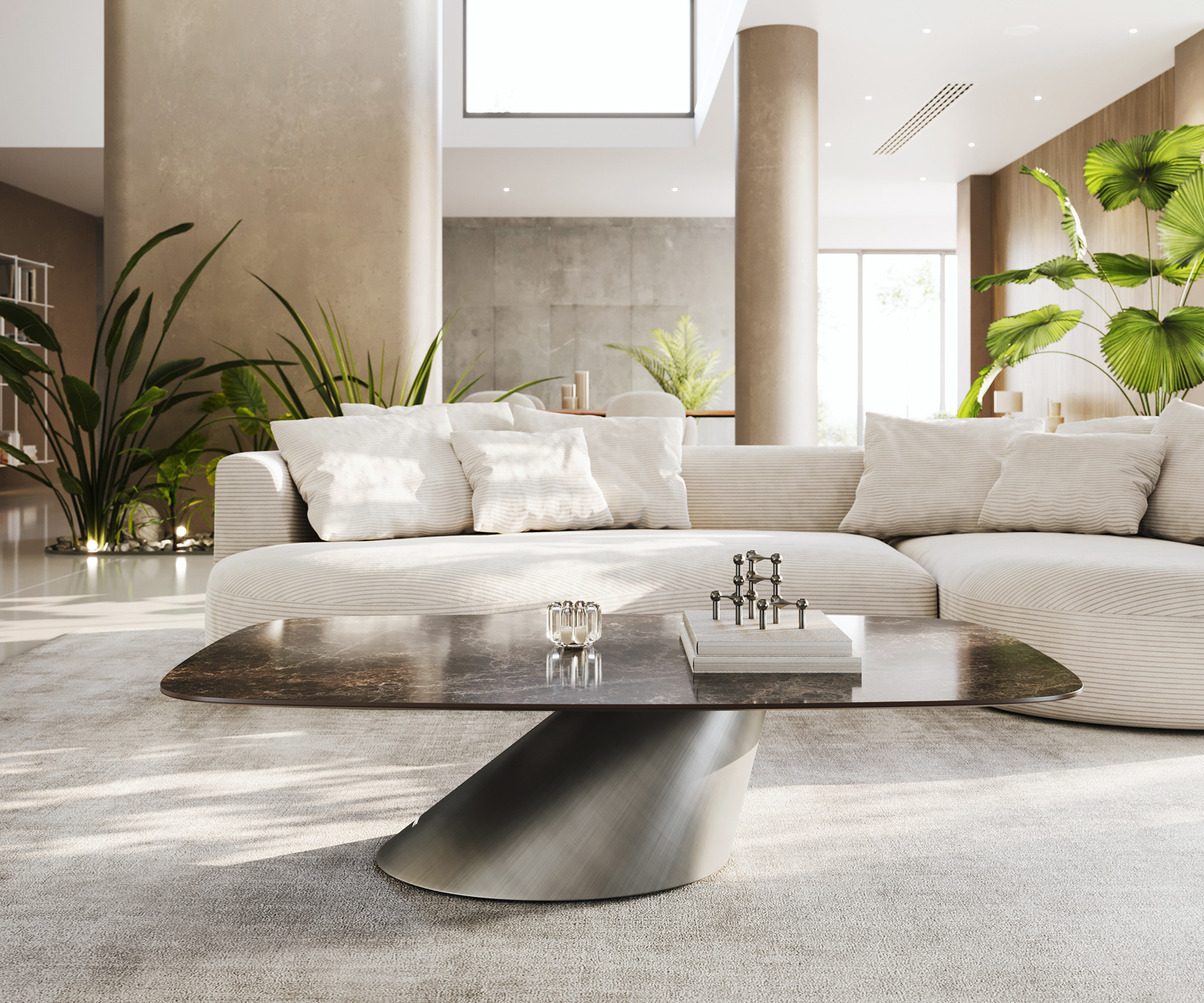 Konferenčný stolík Edge zaoblený 140x80 cm keramika Laminam® Emperador Extra Lucidato tmavohnedá Conis metalická strieborná - Image 2