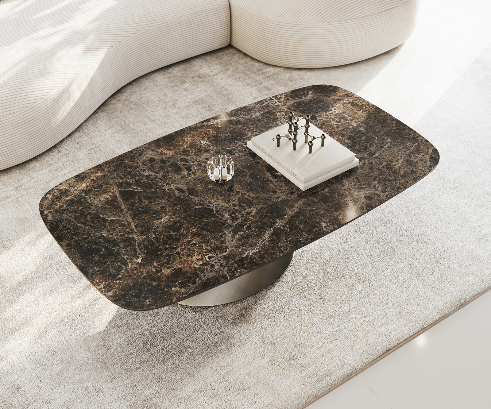 Konferenčný stolík Edge zaoblený 140x80 cm keramika Laminam® Emperador Extra Lucidato tmavohnedá Conis metalická strieborná - Image 4