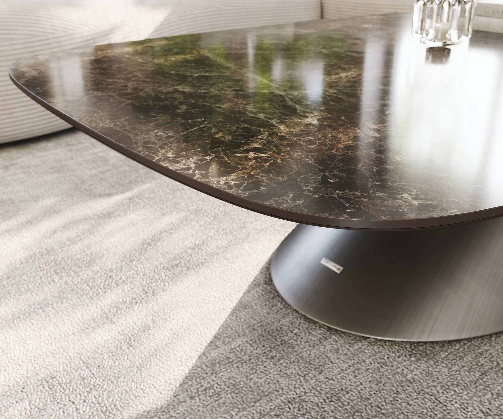 Konferenčný stolík Edge zaoblený 140x80 cm keramika Laminam® Emperador Extra Lucidato tmavohnedá Conis metalická strieborná - Image 6