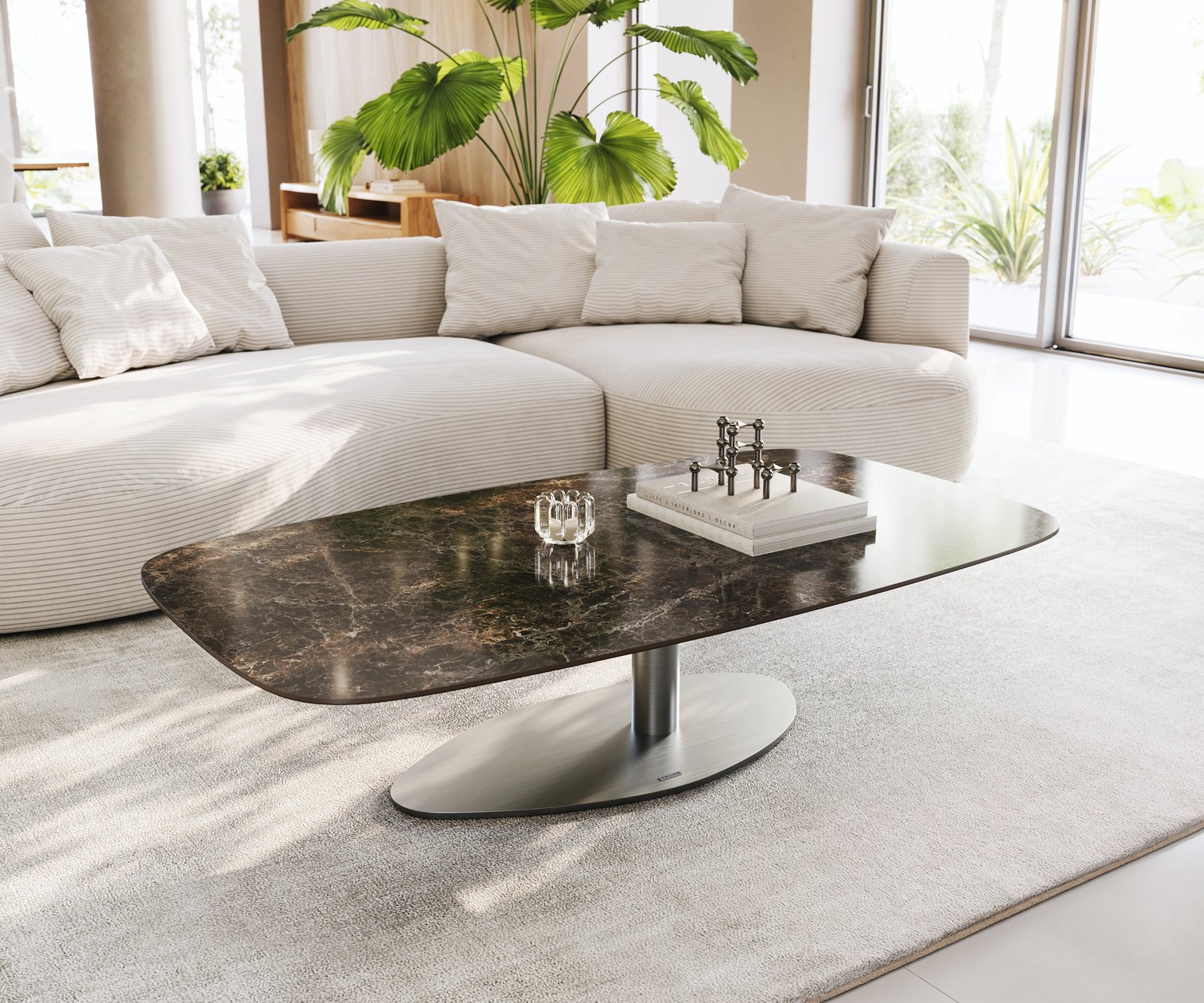Konferenčný stolík Edge zaoblený 140x80 cm keramika Laminam® Emperador Extra Lucidato tmavohnedá Vibany nerezová oceľ kefovaná
