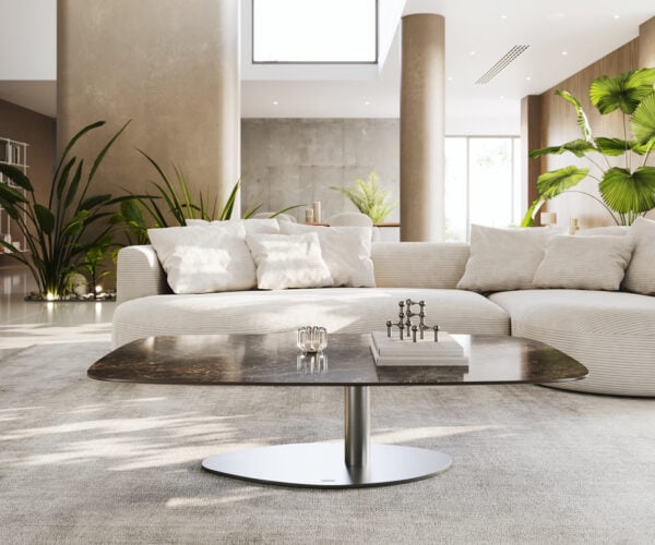 Konferenčný stolík Edge zaoblený 140x80 cm keramika Laminam® Emperador Extra Lucidato tmavohnedá Vibany nerezová oceľ kefovaná - Image 2