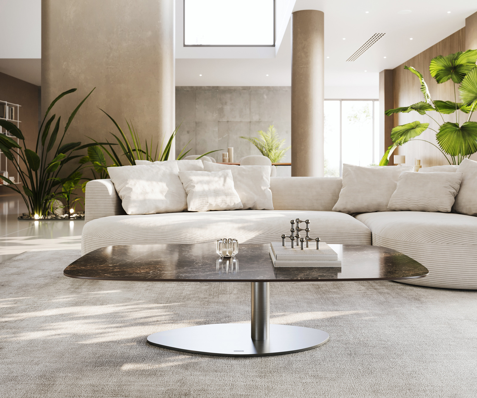 Konferenčný stolík Edge zaoblený 140x80 cm keramika Laminam® Emperador Extra Lucidato tmavohnedá Vibany nerezová oceľ kefovaná - Image 2