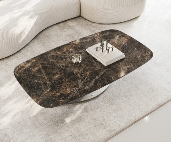 Konferenčný stolík Edge zaoblený 140x80 cm keramika Laminam® Emperador Extra Lucidato tmavohnedá Vibany nerezová oceľ kefovaná - Image 4