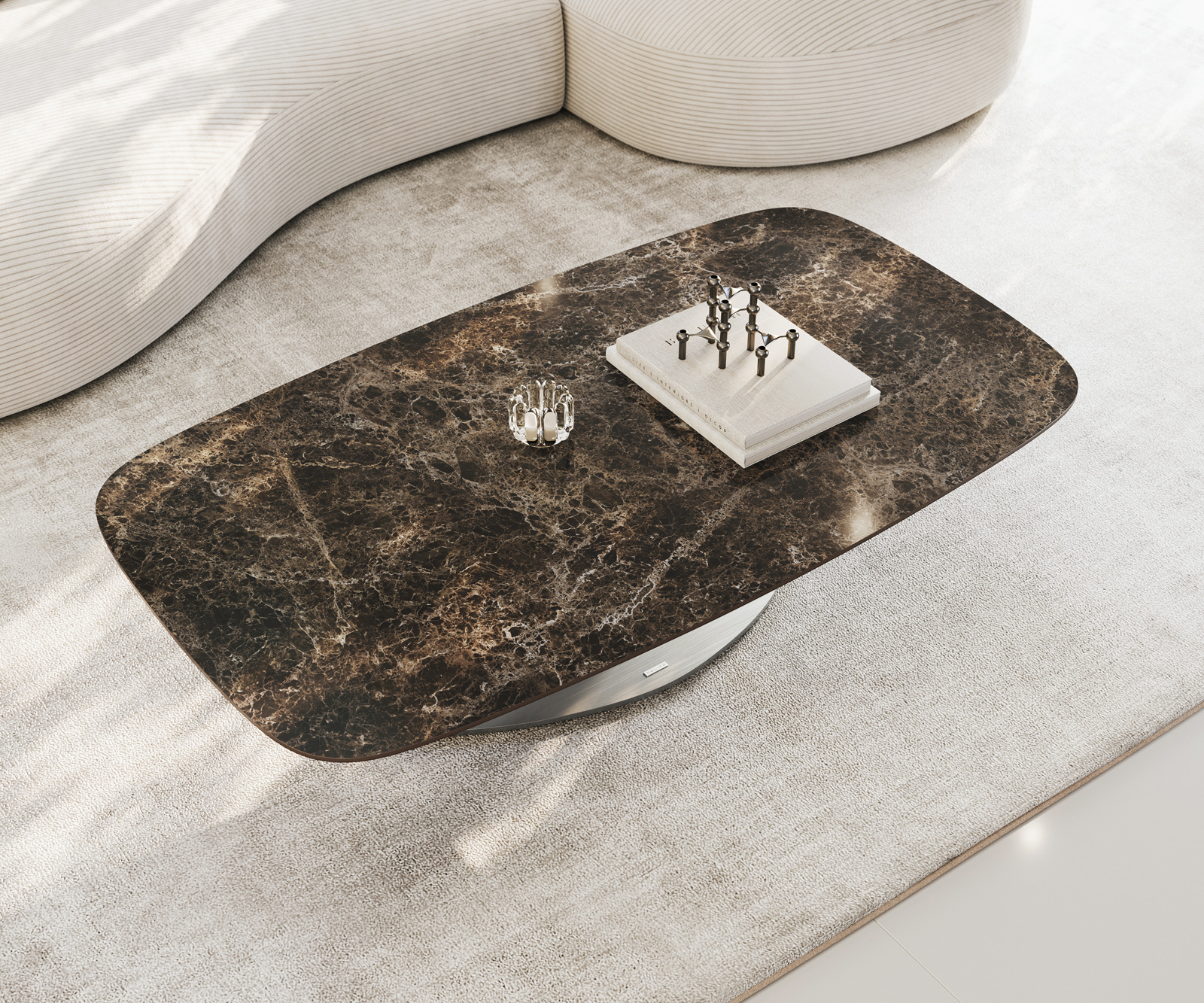 Konferenčný stolík Edge zaoblený 140x80 cm keramika Laminam® Emperador Extra Lucidato tmavohnedá Vibany nerezová oceľ kefovaná - Image 4