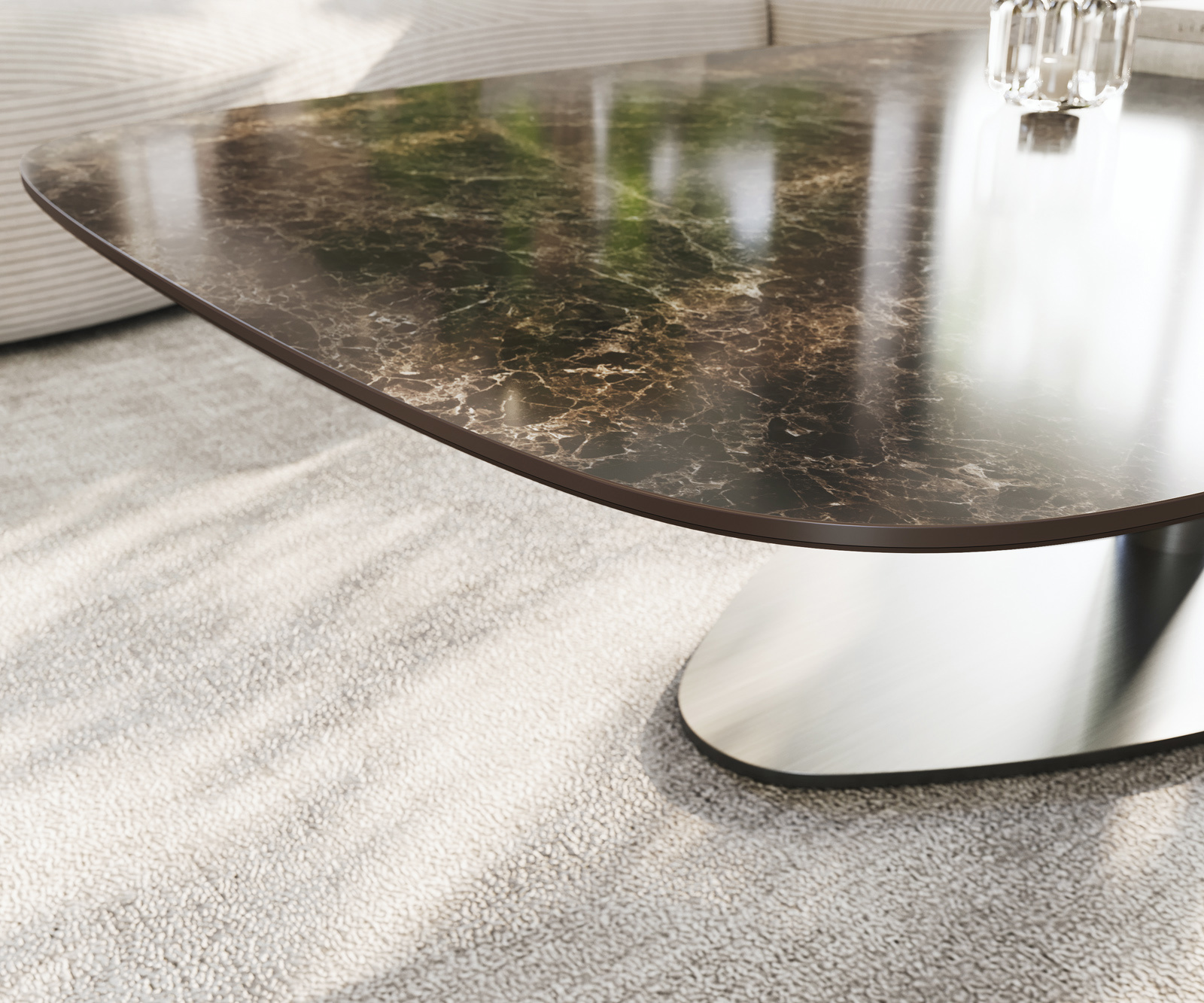 Konferenčný stolík Edge zaoblený 140x80 cm keramika Laminam® Emperador Extra Lucidato tmavohnedá Vibany nerezová oceľ kefovaná - Image 6