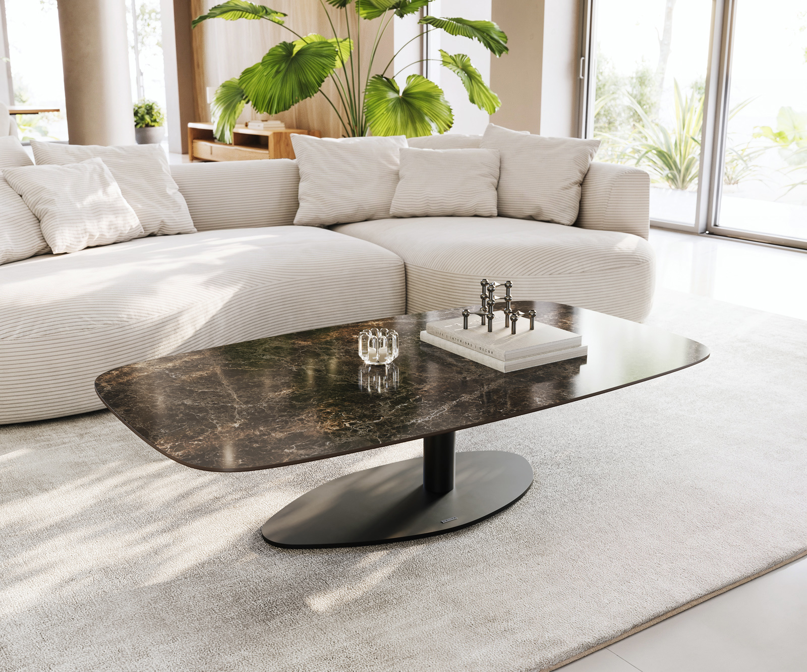 Konferenčný stolík Edge zaoblený 140x80 cm keramika Laminam® Emperador Extra Lucidato tmavohnedá Vibany kov čierna