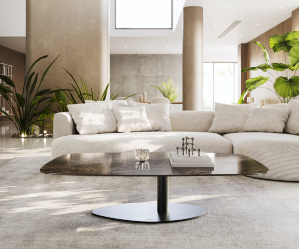 Konferenčný stolík Edge zaoblený 140x80 cm keramika Laminam® Emperador Extra Lucidato tmavohnedá Vibany kov čierna - Image 2