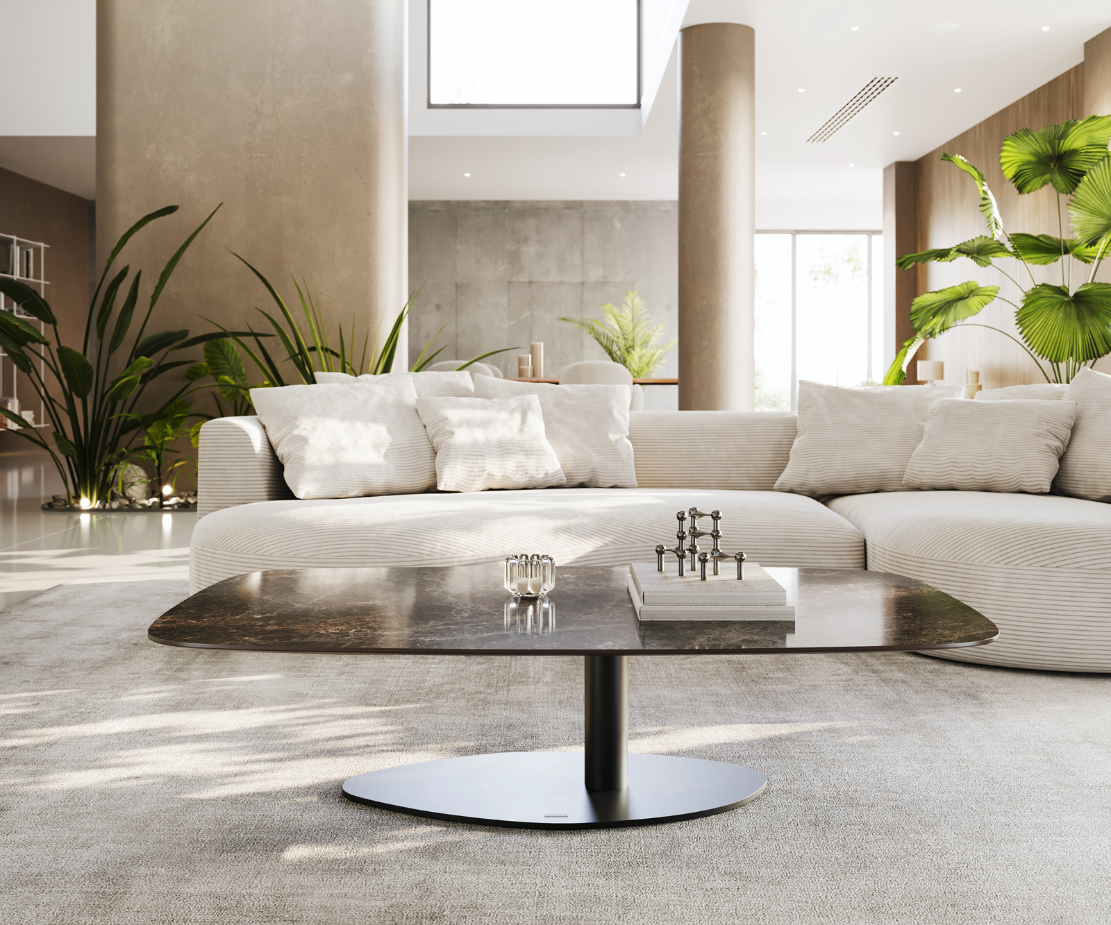 Konferenčný stolík Edge zaoblený 140x80 cm keramika Laminam® Emperador Extra Lucidato tmavohnedá Vibany kov čierna - Image 2