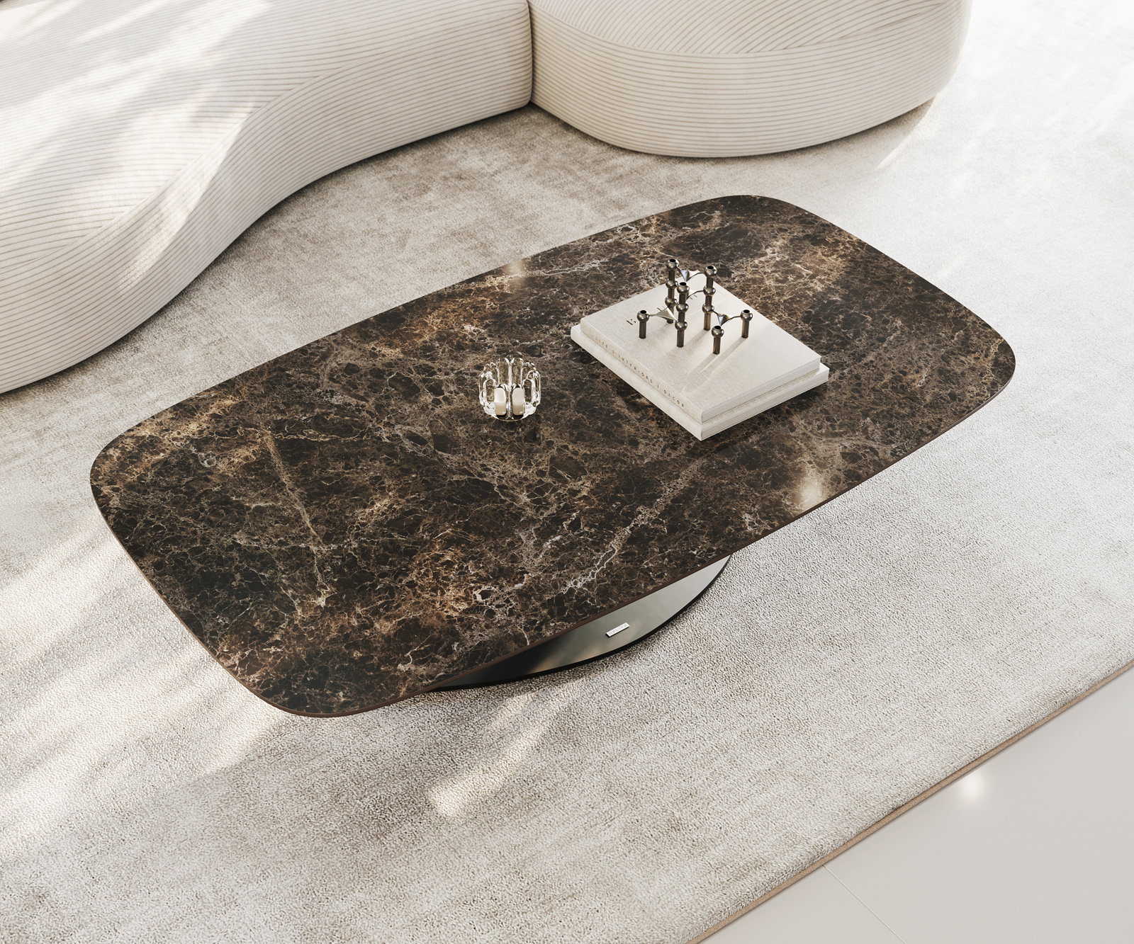 Konferenčný stolík Edge zaoblený 140x80 cm keramika Laminam® Emperador Extra Lucidato tmavohnedá Vibany kov čierna - Image 4