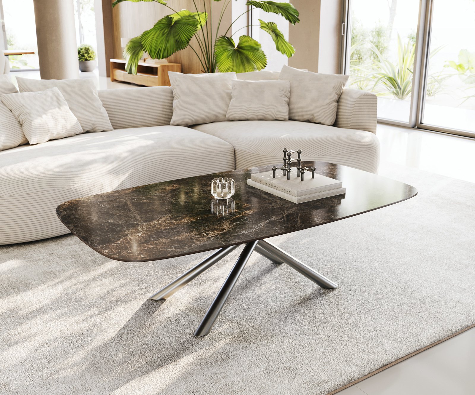 Konferenčný stolík Edge zaoblený 140x80 cm keramika Laminam® Emperador Extra Lucidato tmavohnedá Sarity nerezová oceľ kefovaná