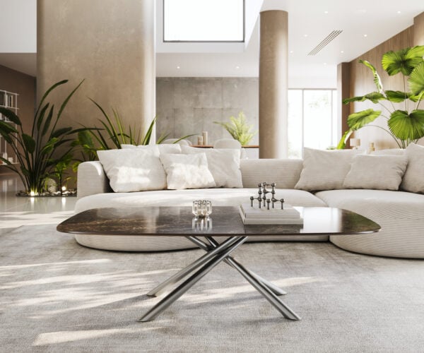 Konferenčný stolík Edge zaoblený 140x80 cm keramika Laminam® Emperador Extra Lucidato tmavohnedá Sarity nerezová oceľ kefovaná - Image 2