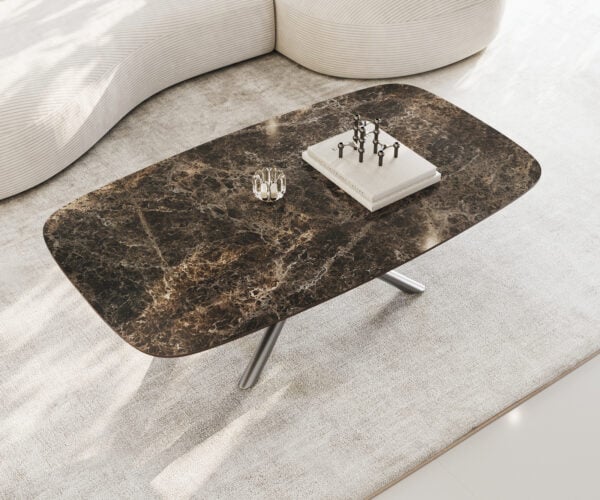 Konferenčný stolík Edge zaoblený 140x80 cm keramika Laminam® Emperador Extra Lucidato tmavohnedá Sarity nerezová oceľ kefovaná - Image 4