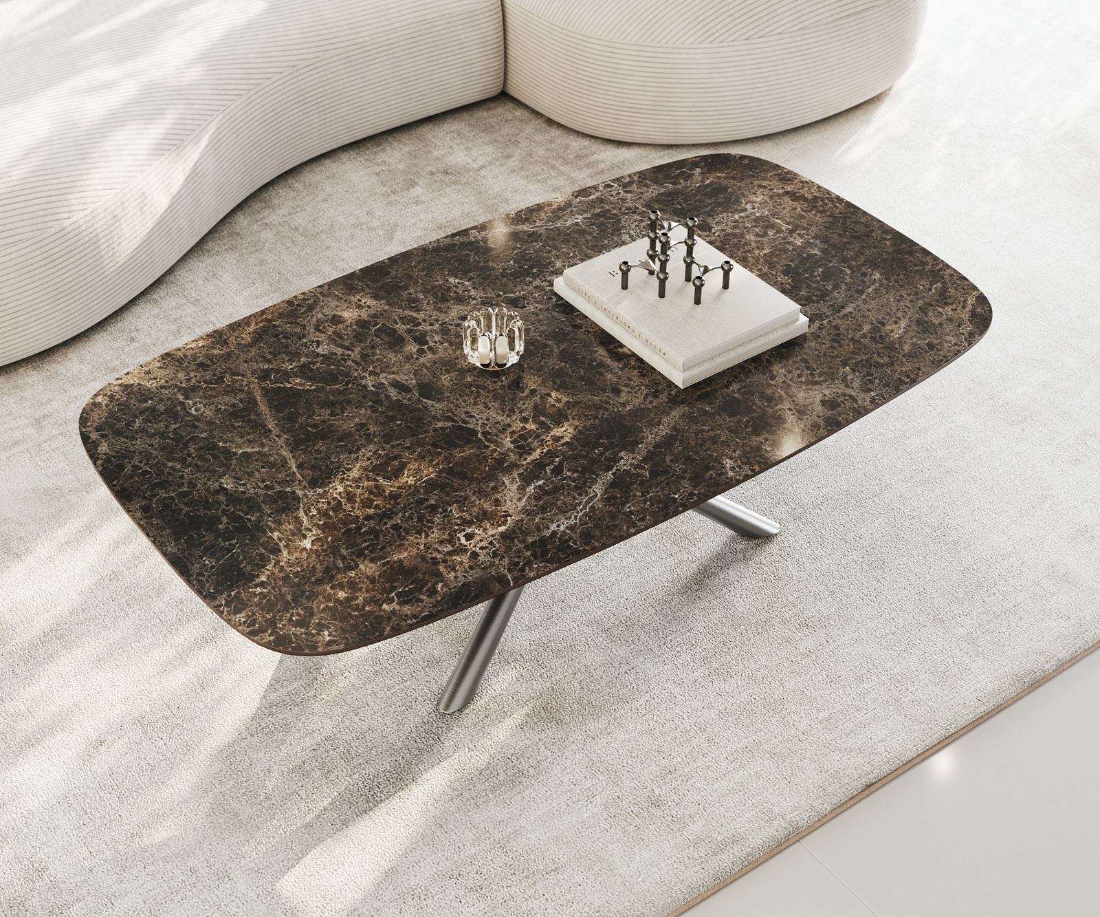 Konferenčný stolík Edge zaoblený 140x80 cm keramika Laminam® Emperador Extra Lucidato tmavohnedá Sarity nerezová oceľ kefovaná - Image 4