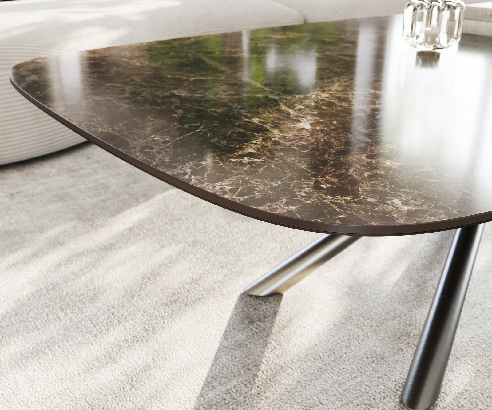 Konferenčný stolík Edge zaoblený 140x80 cm keramika Laminam® Emperador Extra Lucidato tmavohnedá Sarity nerezová oceľ kefovaná - Image 6