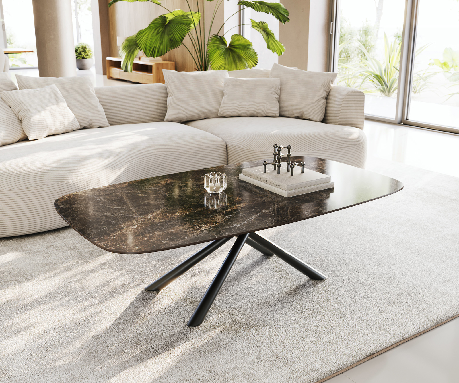 Konferenčný stolík Edge zaoblený 140x80 cm keramika Laminam® Emperador Extra Lucidato tmavohnedá Sarity kov čierna