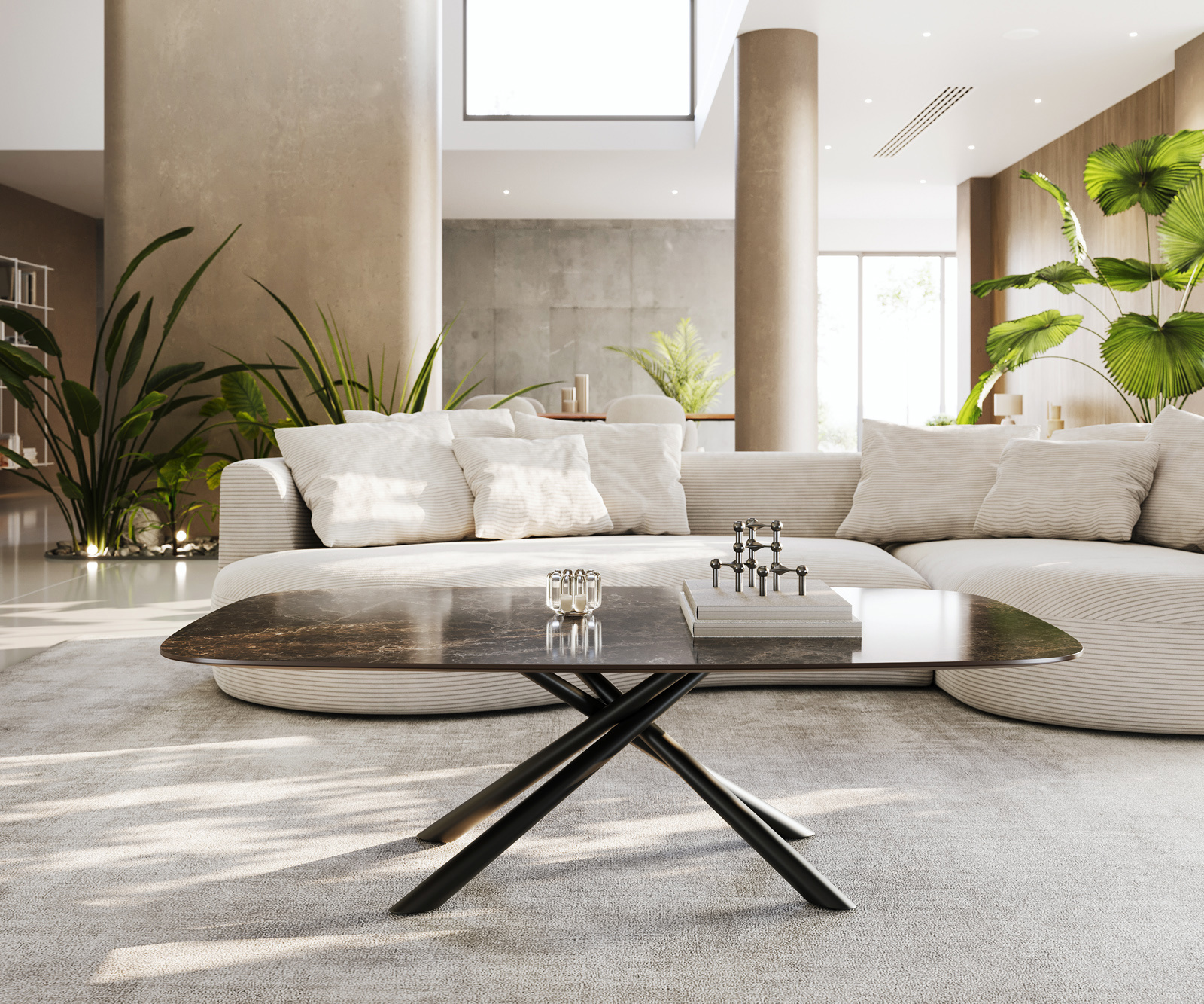 Konferenčný stolík Edge zaoblený 140x80 cm keramika Laminam® Emperador Extra Lucidato tmavohnedá Sarity kov čierna - Image 2
