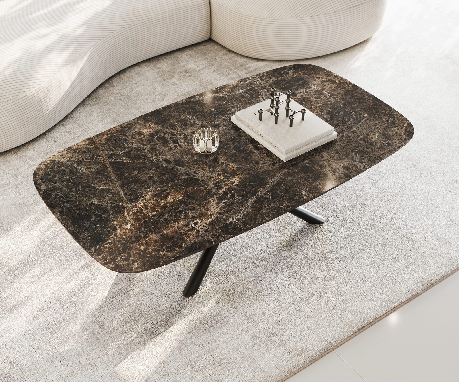 Konferenčný stolík Edge zaoblený 140x80 cm keramika Laminam® Emperador Extra Lucidato tmavohnedá Sarity kov čierna - Image 4