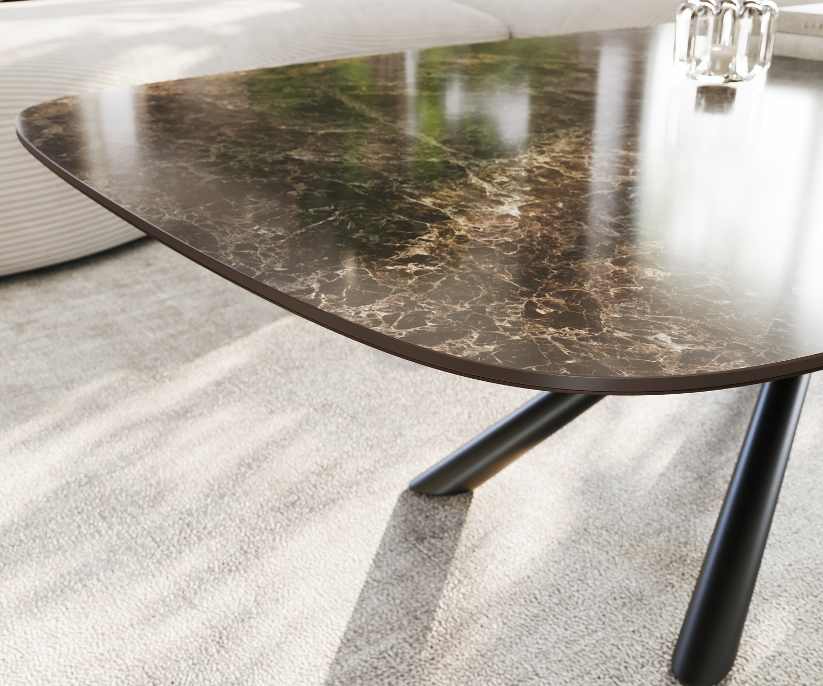 Konferenčný stolík Edge zaoblený 140x80 cm keramika Laminam® Emperador Extra Lucidato tmavohnedá Sarity kov čierna - Image 6