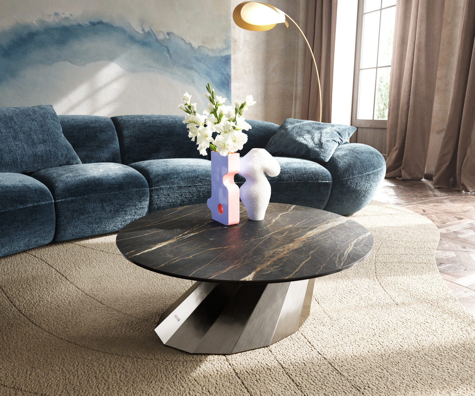 Konferenčný stolík Edge okrúhly 90x90 cm keramika Laminam® Noir Desir hnedá parabi nerezová oceľ kefovaná