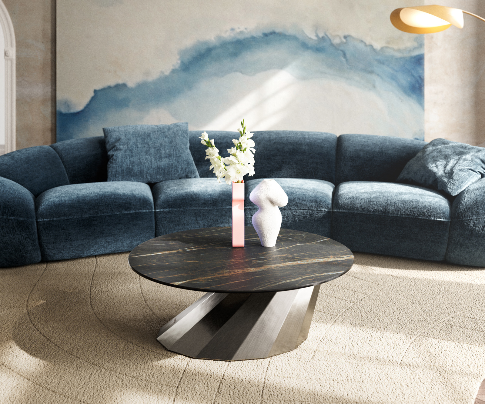 Konferenčný stolík Edge okrúhly 90x90 cm keramika Laminam® Noir Desir hnedá parabi nerezová oceľ kefovaná - Image 2