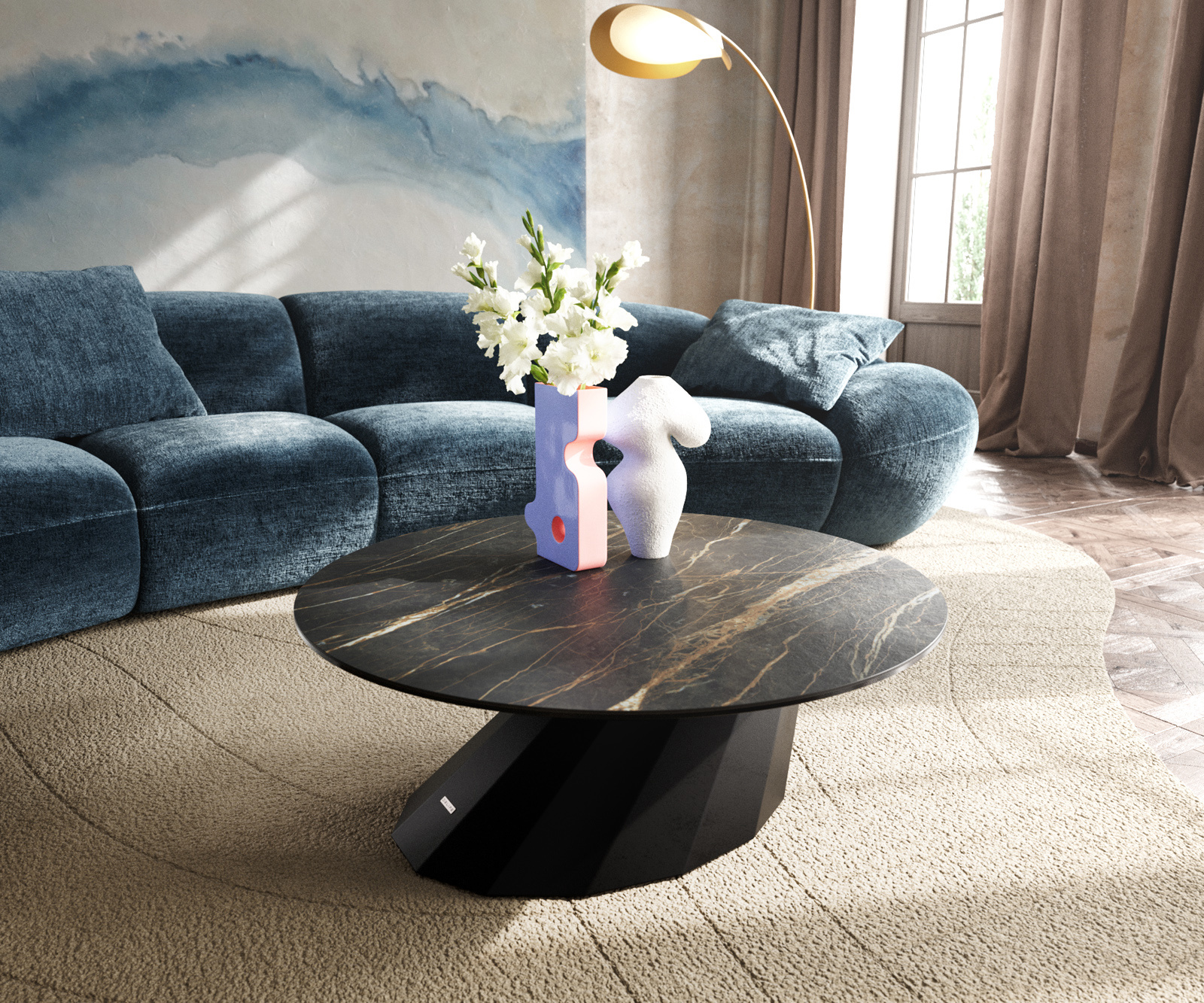 Konferenčný stolík Edge okrúhly 90x90 cm keramika Laminam® Noir Desir hnedá Parabi kov čierna