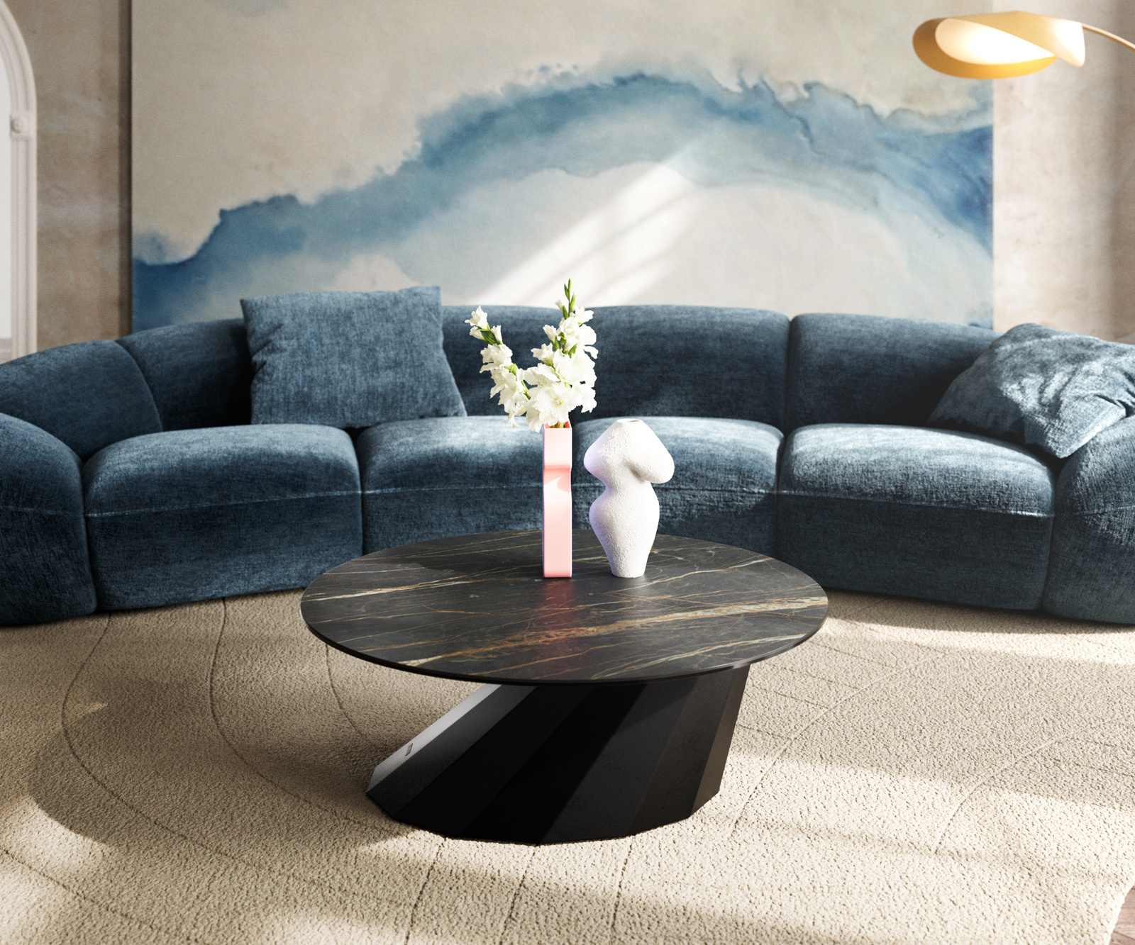 Konferenčný stolík Edge okrúhly 90x90 cm keramika Laminam® Noir Desir hnedá Parabi kov čierna - Image 2