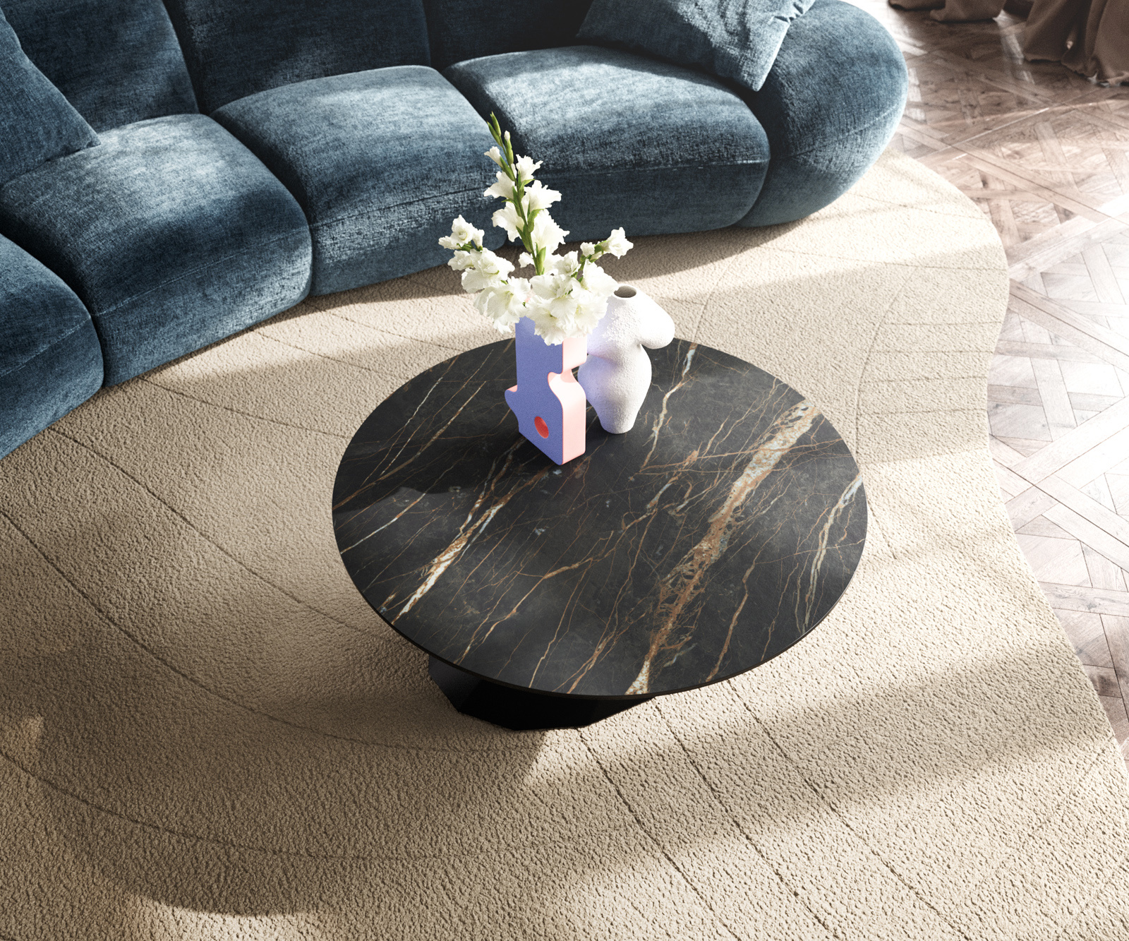 Konferenčný stolík Edge okrúhly 90x90 cm keramika Laminam® Noir Desir hnedá Parabi kov čierna - Image 4