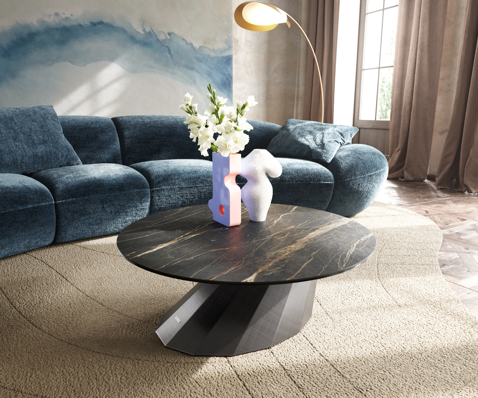Konferenčný stolík Edge okrúhly 90x90 cm keramika Laminam® Noir Desir hnedá Parabi metalická strieborná