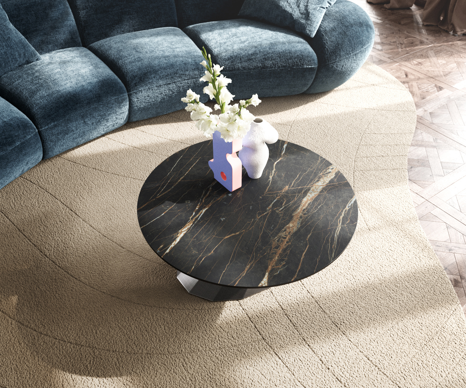 Konferenčný stolík Edge okrúhly 90x90 cm keramika Laminam® Noir Desir hnedá Parabi metalická strieborná - Image 4