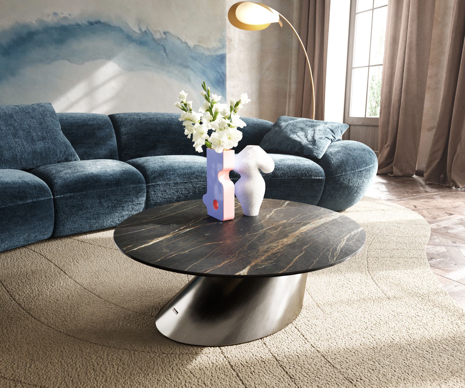 Konferenčný stolík Edge okrúhly 90x90 cm keramika Laminam® Noir Desir hnedá konis nerezová oceľ kefovaná
