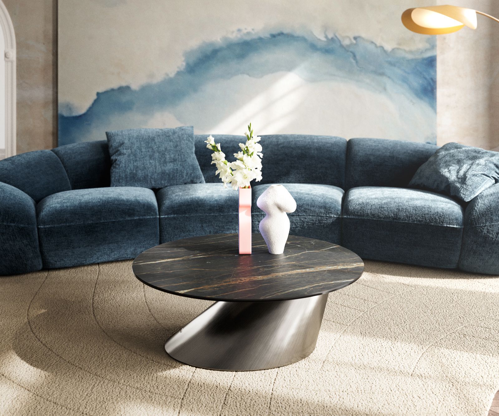Konferenčný stolík Edge okrúhly 90x90 cm keramika Laminam® Noir Desir hnedá konis nerezová oceľ kefovaná - Image 2