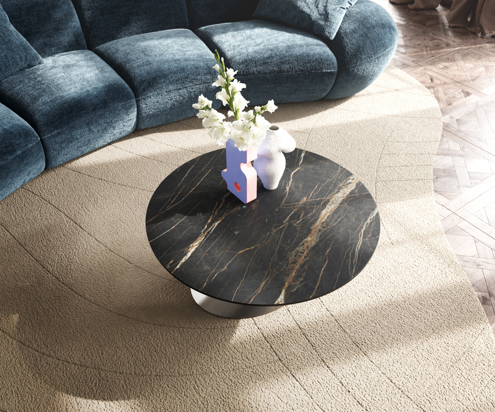 Konferenčný stolík Edge okrúhly 90x90 cm keramika Laminam® Noir Desir hnedá konis nerezová oceľ kefovaná - Image 4