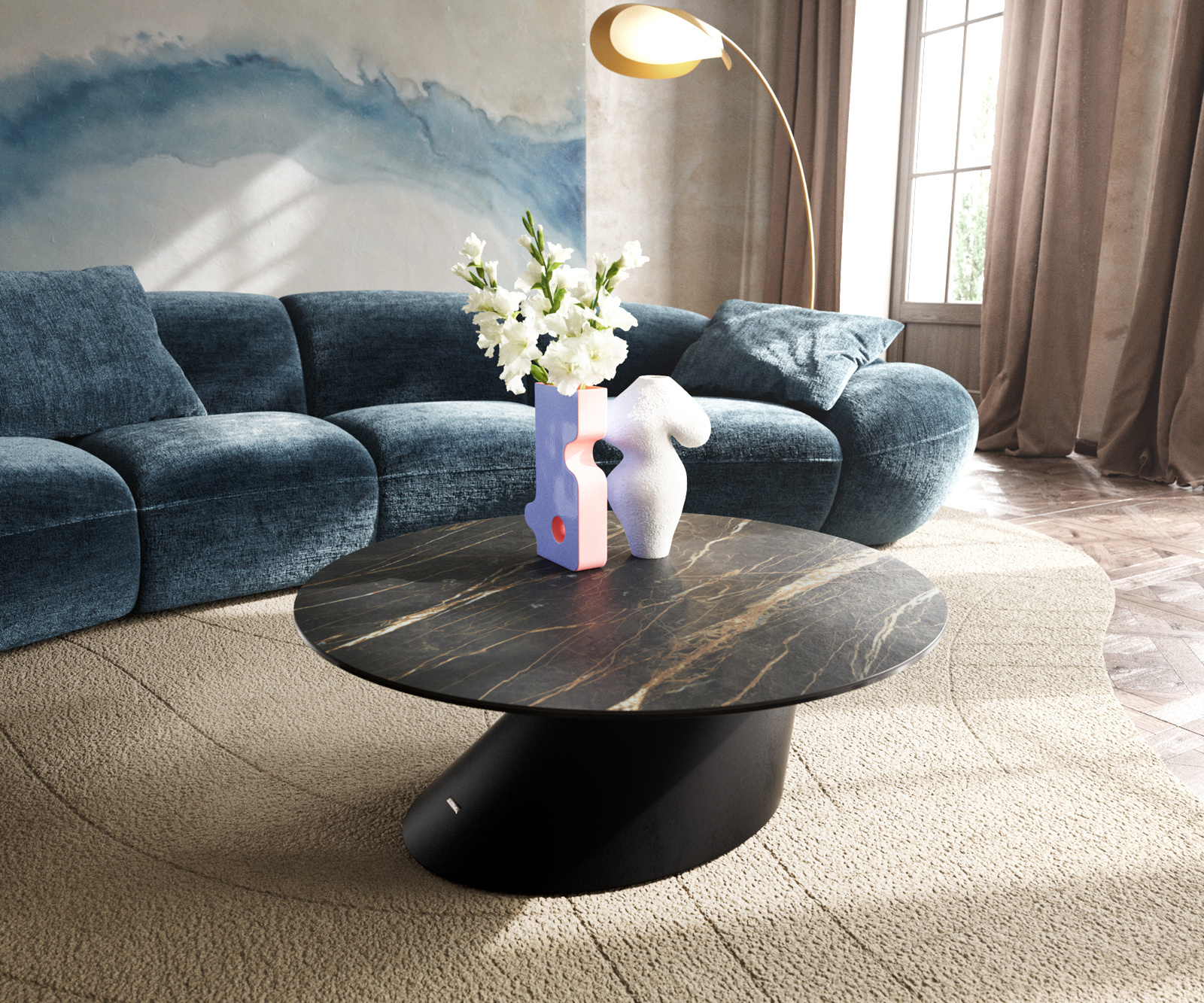 Konferenčný stolík Edge okrúhly 90x90 cm keramika Laminam® Noir Desir hnedá Conis kov čierna