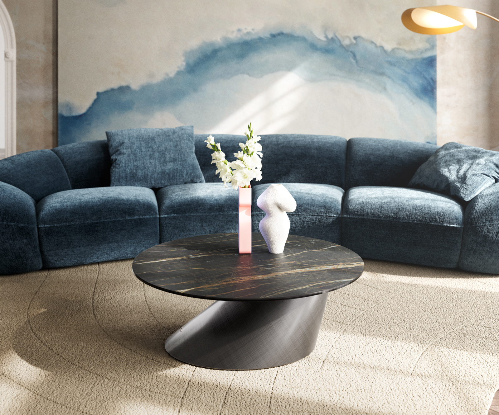 Konferenčný stolík Edge okrúhly 90x90 cm keramika Laminam® Noir Desir hnedá Conis metalická strieborná - Image 2