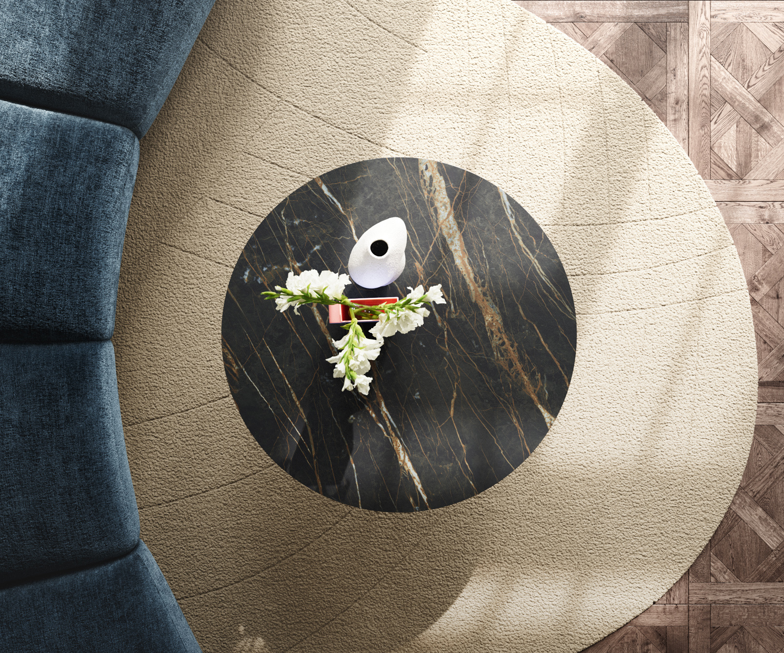 Konferenčný stolík Edge okrúhly 90x90 cm keramika Laminam® Noir Desir hnedá Conis metalická strieborná - Image 6