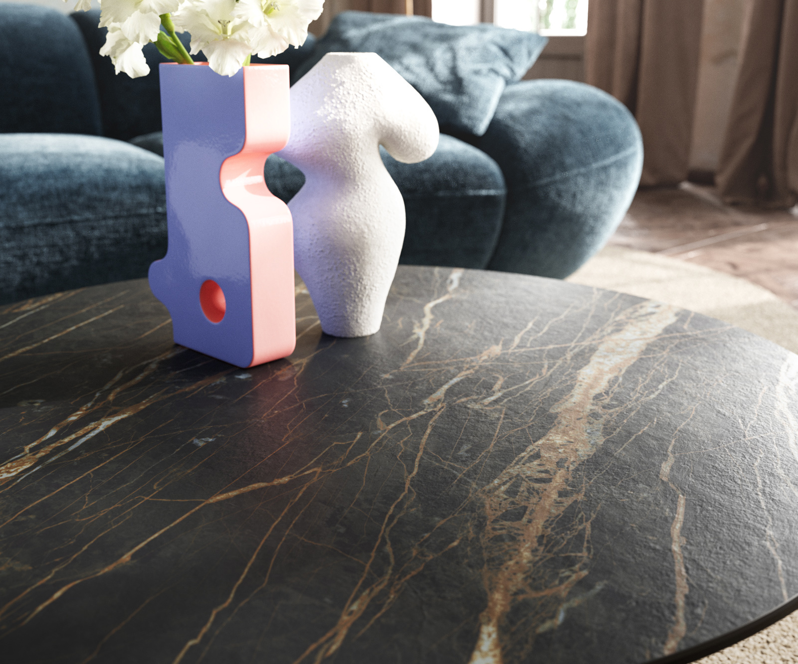 Konferenčný stolík Edge okrúhly 90x90 cm keramika Laminam® Noir Desir hnedá Conis metalická strieborná - Image 7